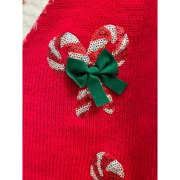 Ugly Christmas Sweater Candy Cane Sequin Cardigan Festive Holiday Sparkle M xmas - Picture 3 of 7